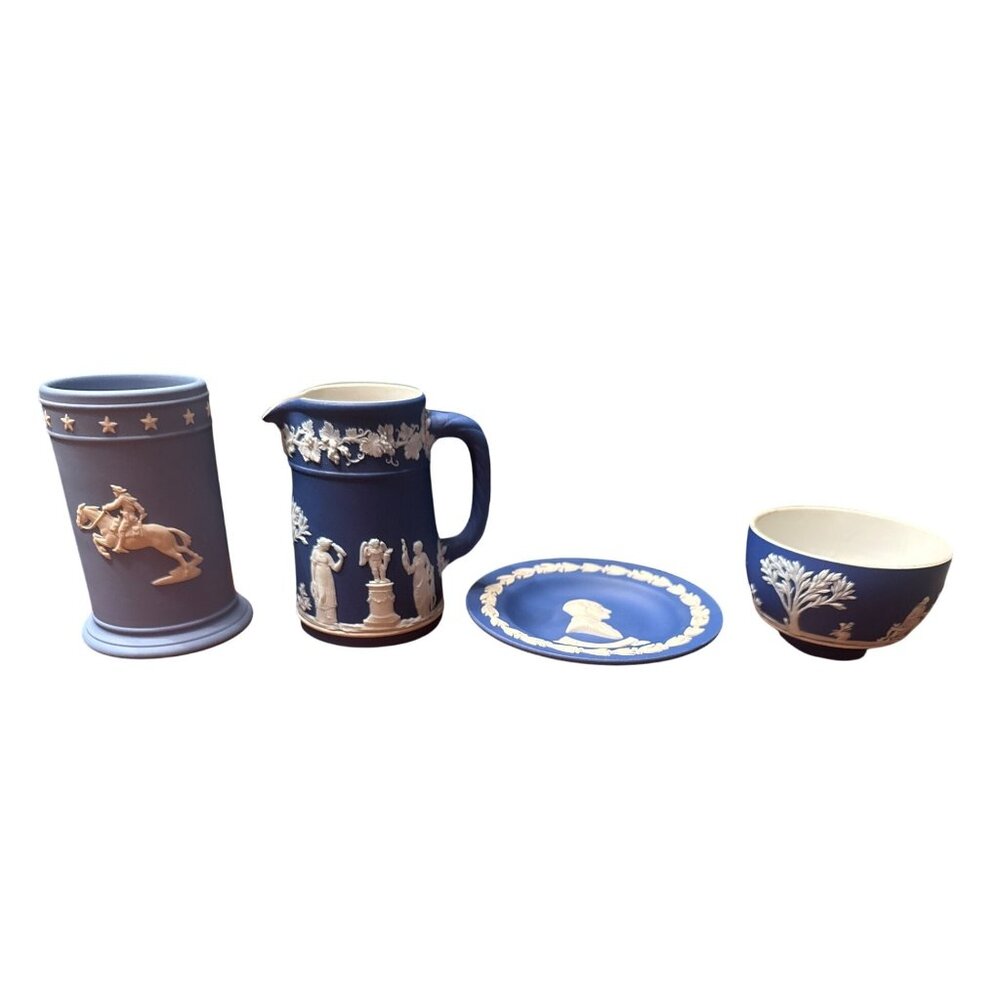 Wedgwood Blue Jasperware Pitcher Society vase Duke Plate Bowl "4 Lot"